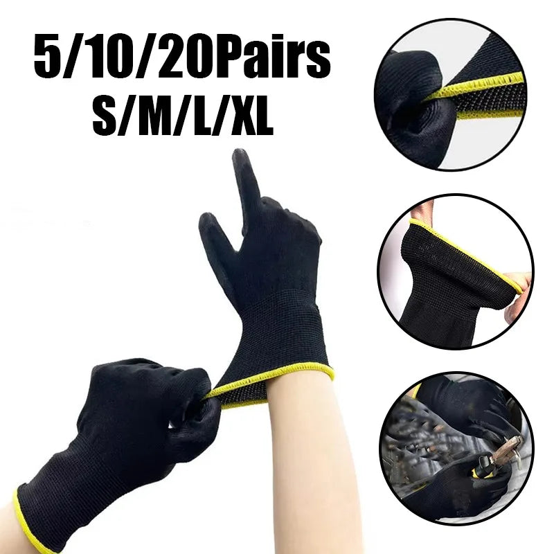 Black Nylon PU Coated Gloves Breathable Non