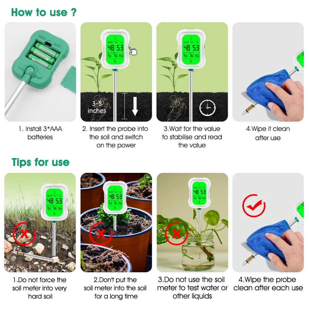 YIERYI Soil Meter Digital PH Moisture Fertility Light