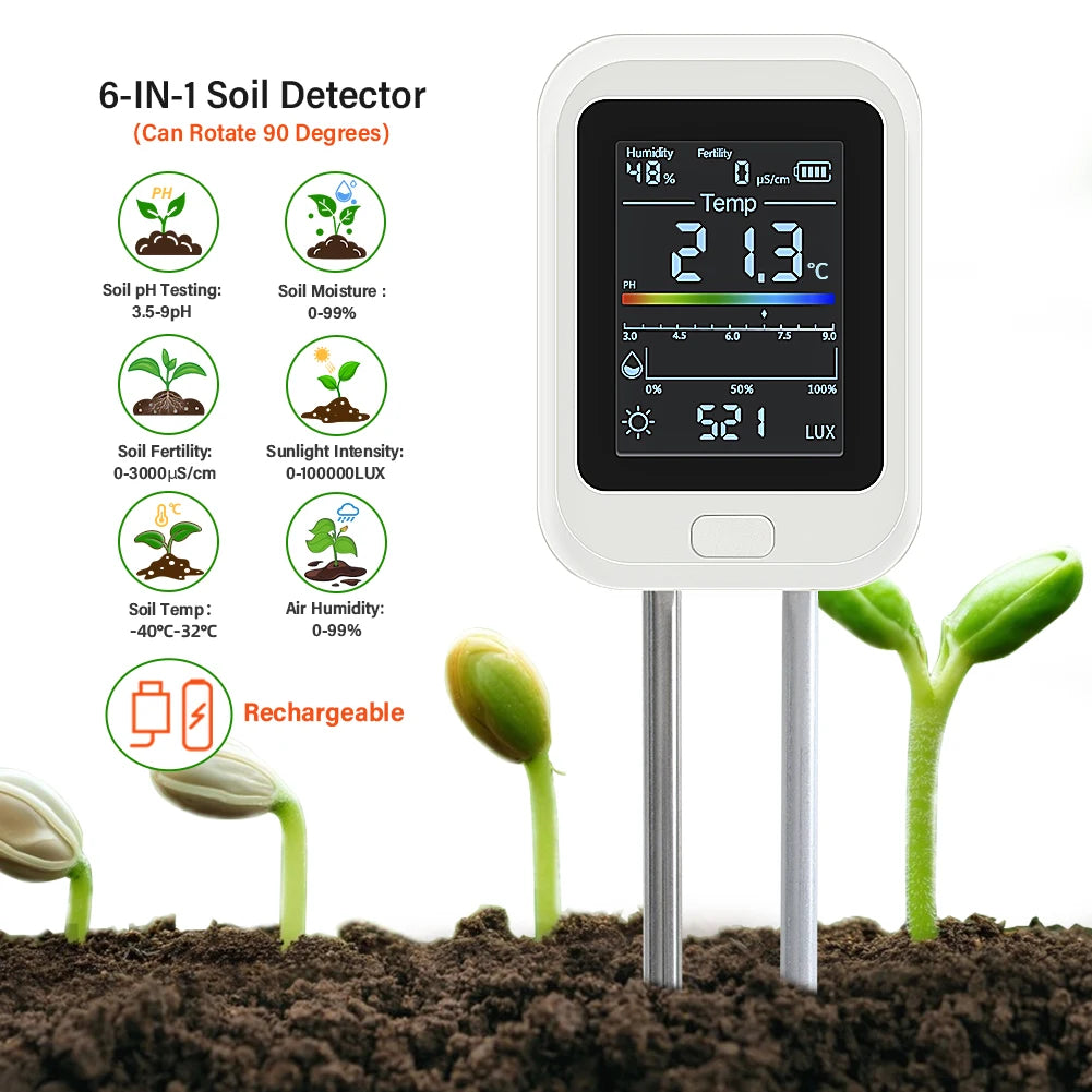 YIERYI 6-in-1 Rechargeable Soil PH Tester Moisture/fertility/sunlig…