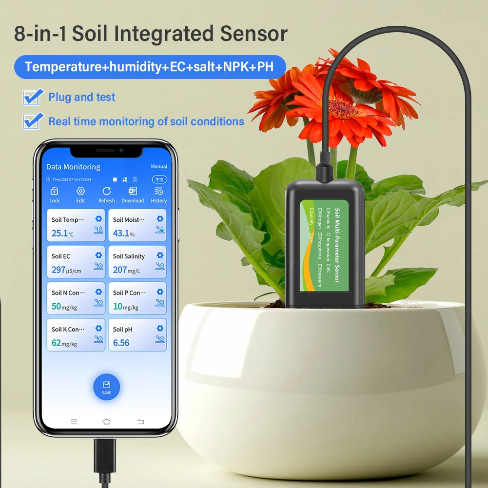 8-in-1 Soil Sensor For Agriculture PH EC Moisture