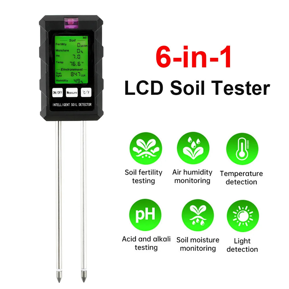 6-in-1 LCD Soil Tester PH Moisture Temperature Humidity