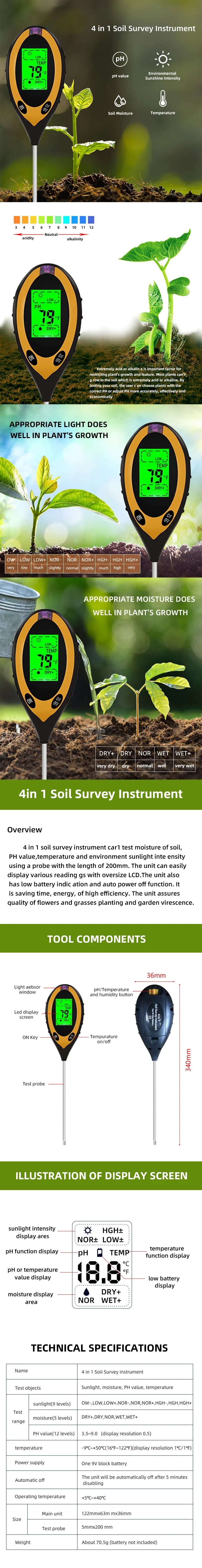 4-in-1 Soil Detector Soil Acidity Meter Tester Soil