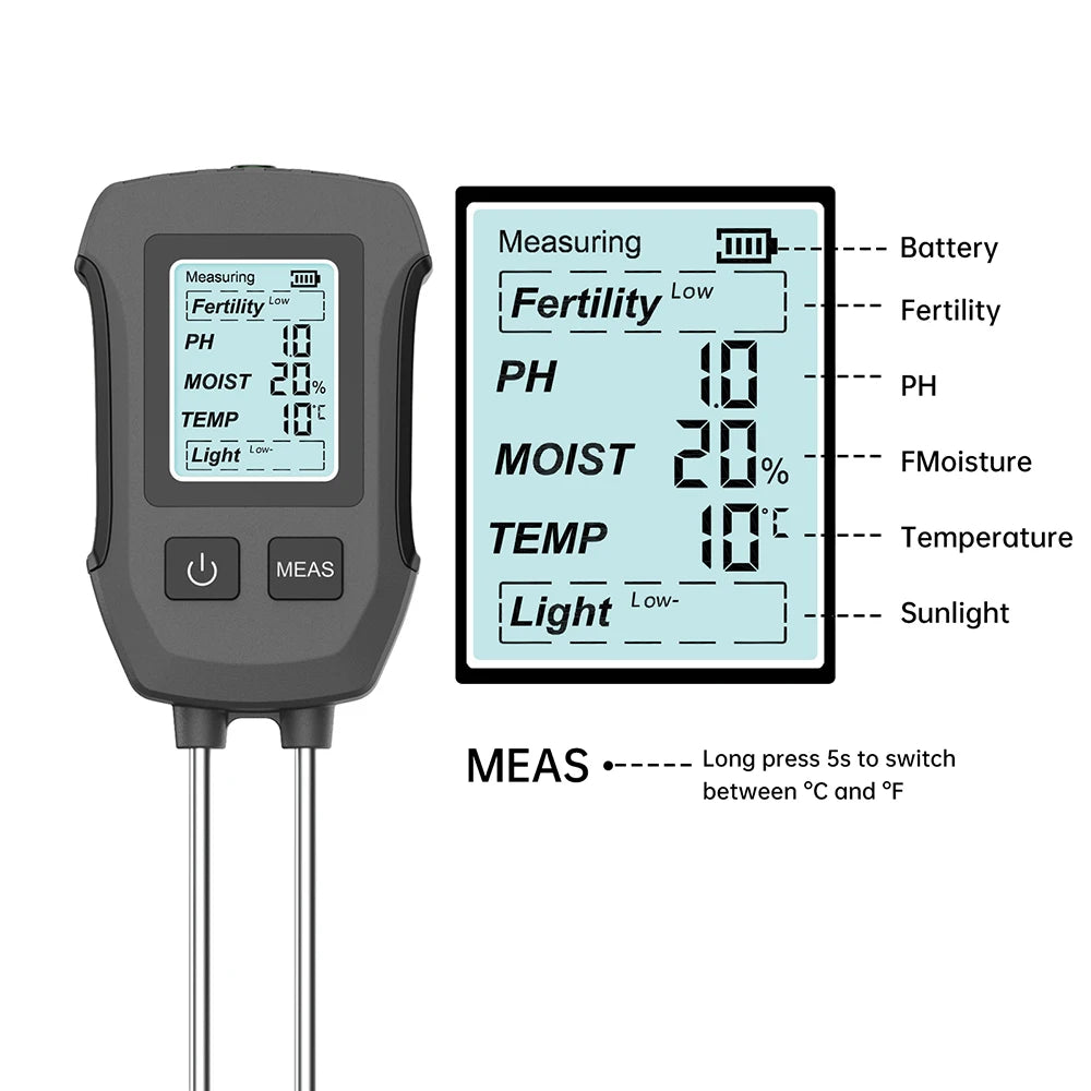 6-in-1 LCD Soil Tester PH Moisture Temperature Humidity