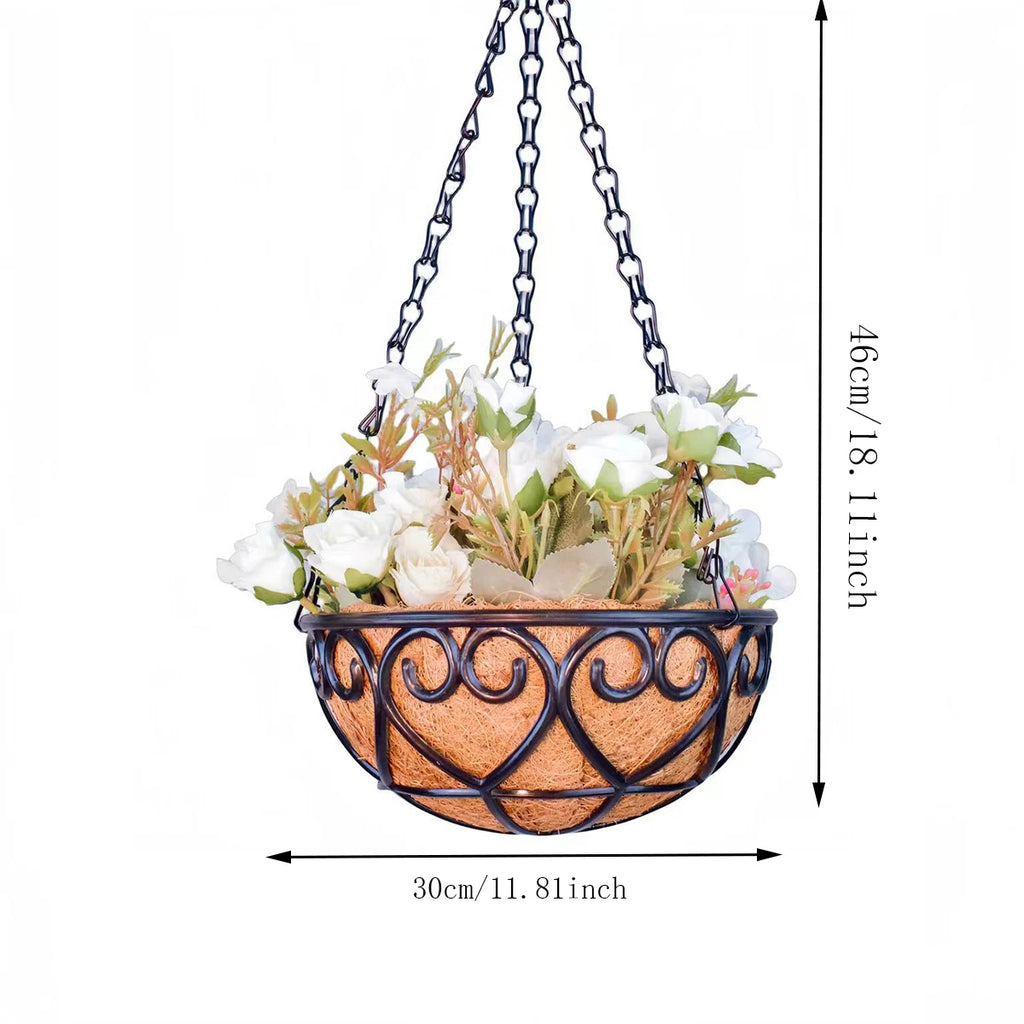 Coconut Brown Round Iron Chain Hanging Basket Flowerpot