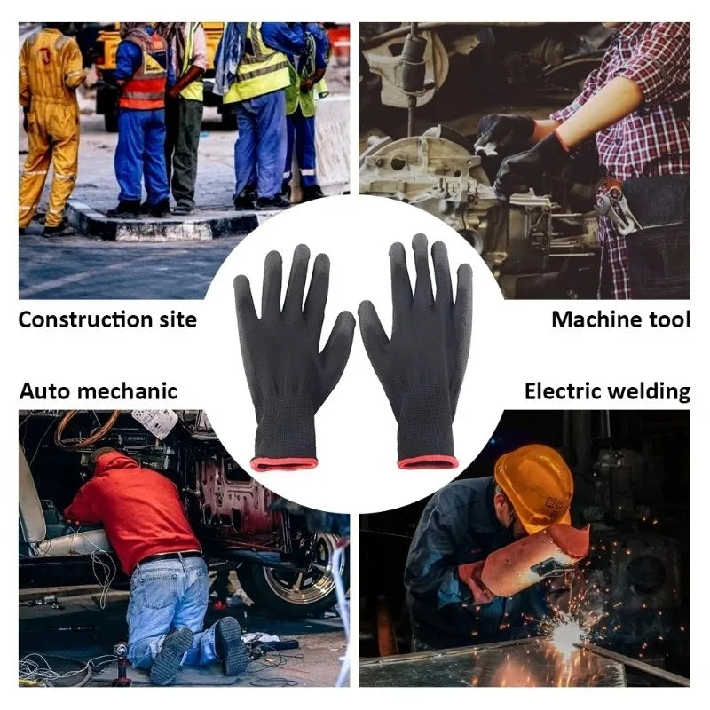 Black Nylon PU Coated Gloves Breathable Non