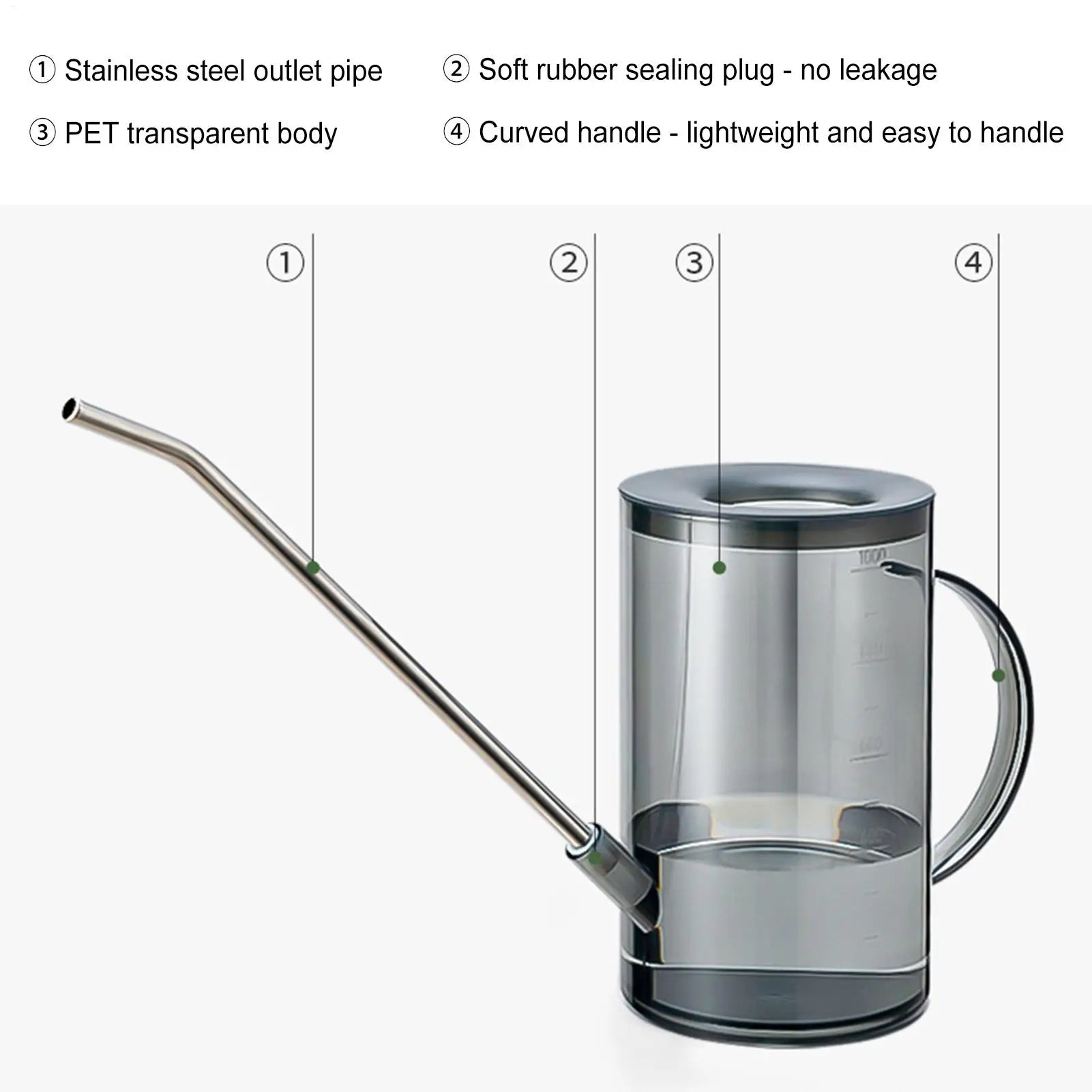 Watering Can Indoor 1L Clear Plastic Long Spout