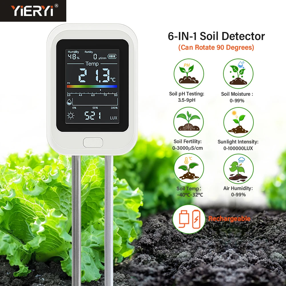 YIERYI 6-in-1 Rechargeable Soil PH Tester Moisture/fertility/sunlig…