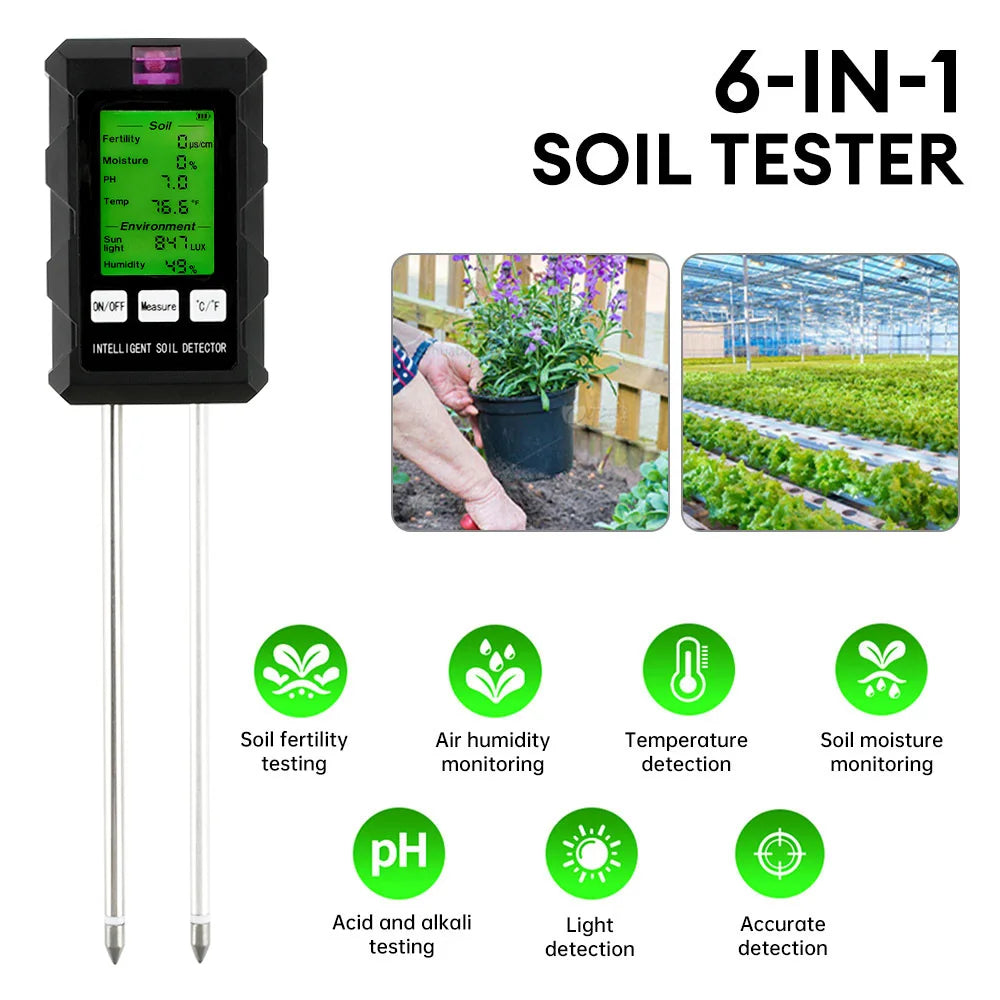 6-in-1 LCD Soil Tester PH Moisture Temperature Humidity