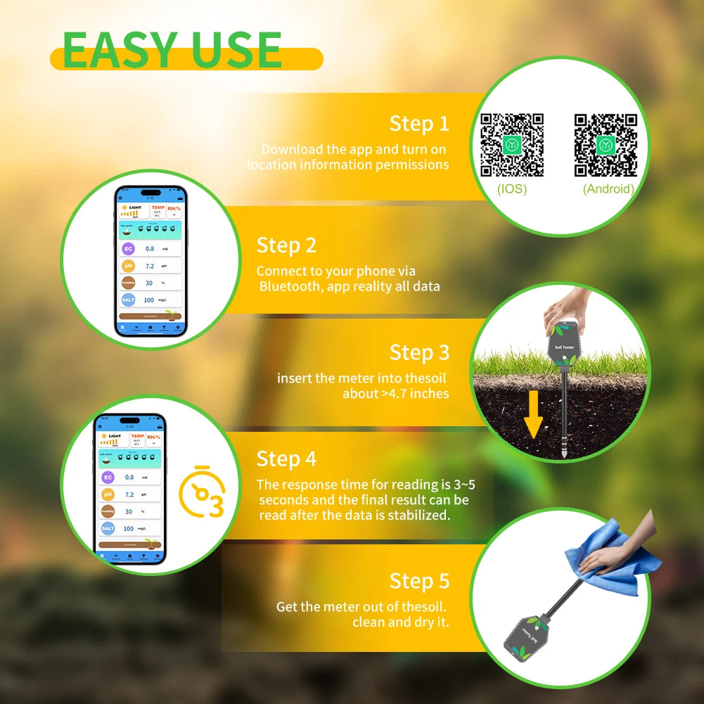 YIERYI Soil Meter Digital PH Moisture Fertility Light