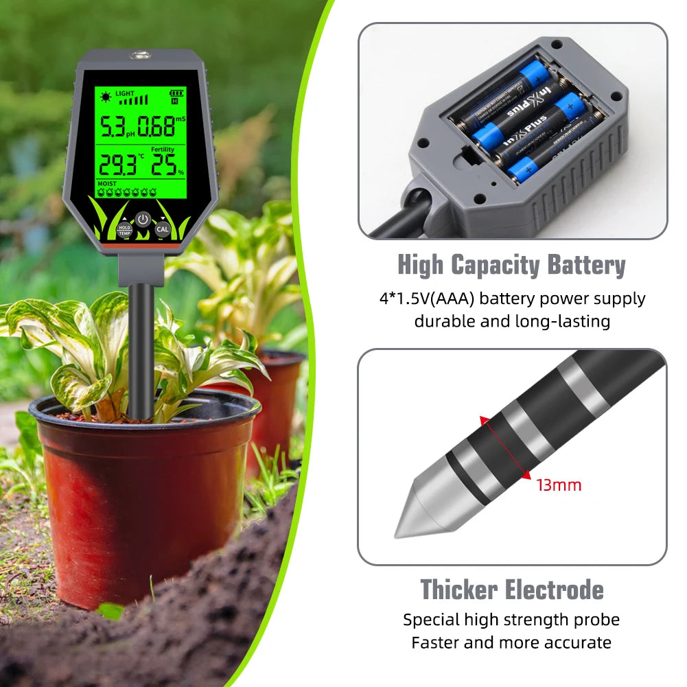 YIERYI Soil Meter Digital PH Moisture Fertility Light