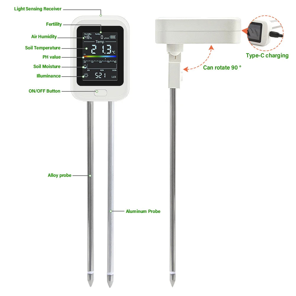 YIERYI 6-in-1 Rechargeable Soil PH Tester Moisture/fertility/sunlig…