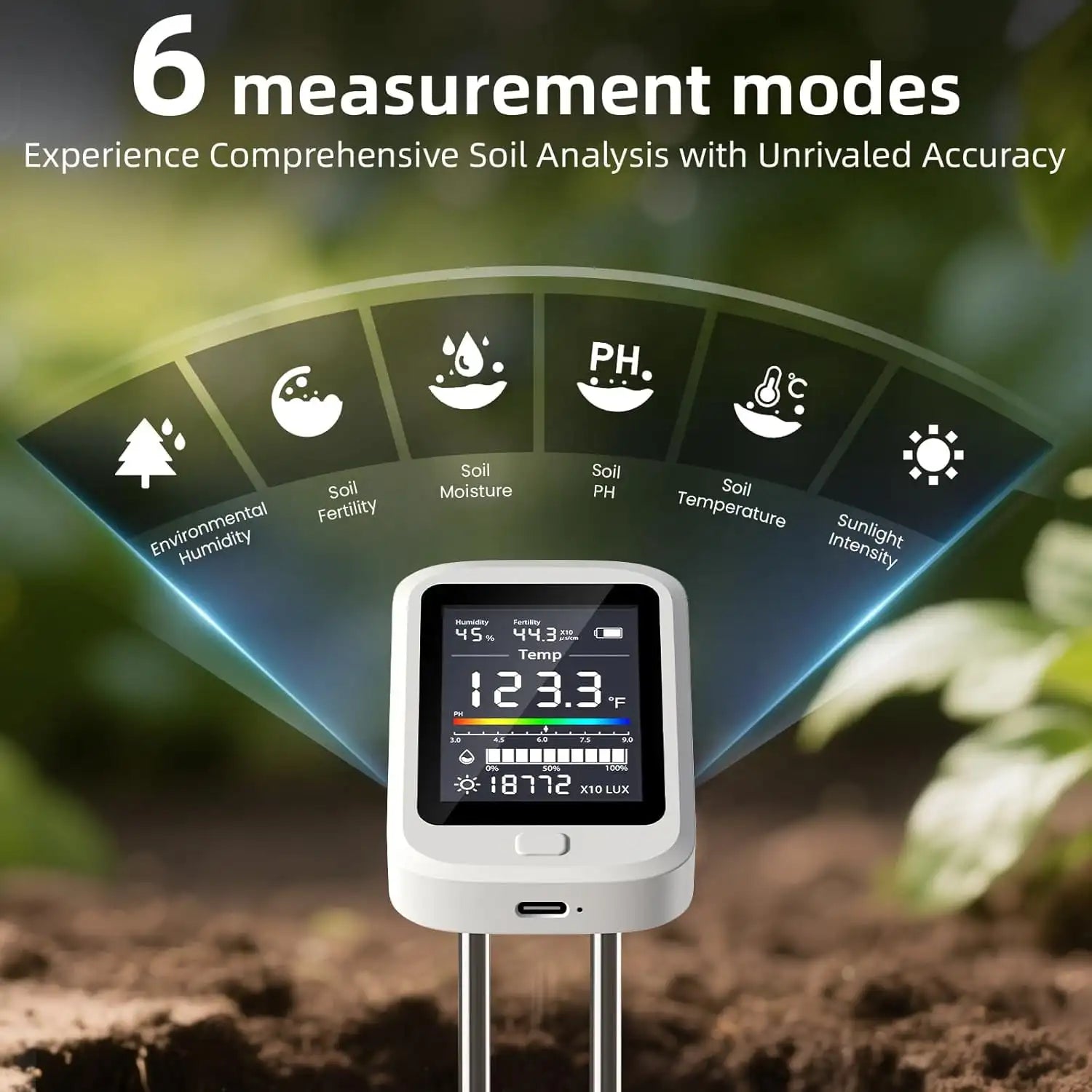 6-in-1 Soil PH Tester Double Needle Ambient Humidity