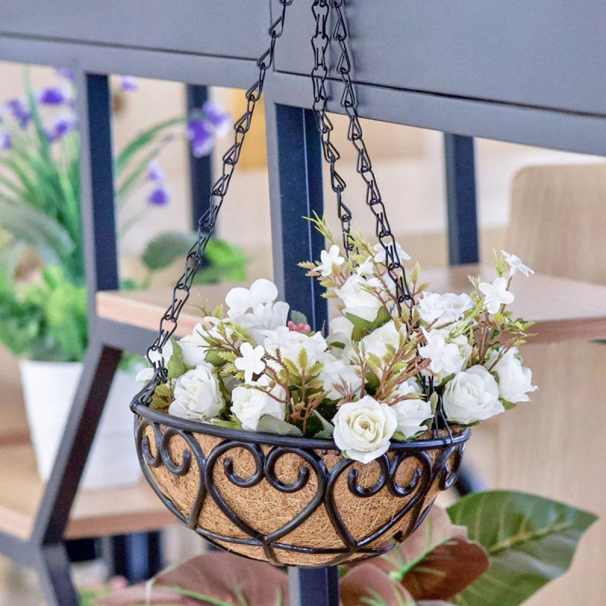 Coconut Brown Round Iron Chain Hanging Basket Flowerpot