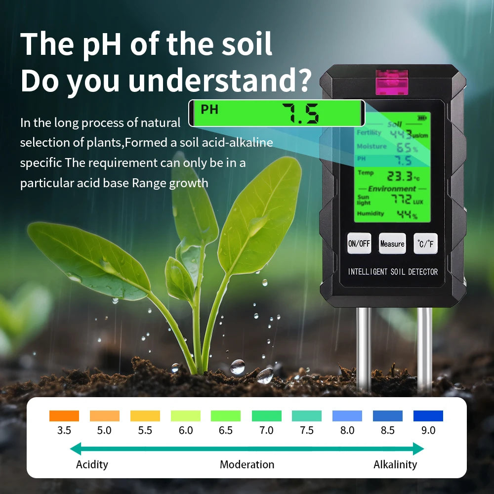6-in-1 Soil PH Meter Sunlight Ambient Humidity Temp