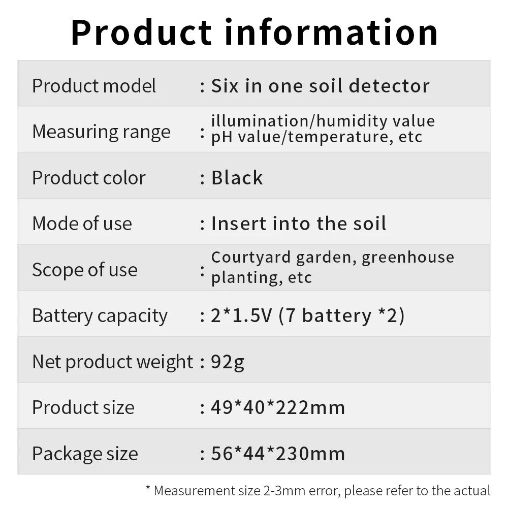 6-in-1 Soil PH Meter Sunlight Ambient Humidity Temp