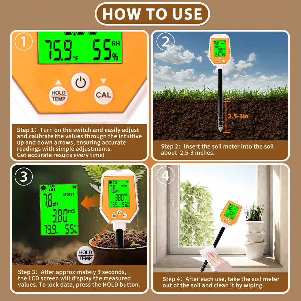 YIERYI Soil Meter Digital PH Moisture Fertility Light
