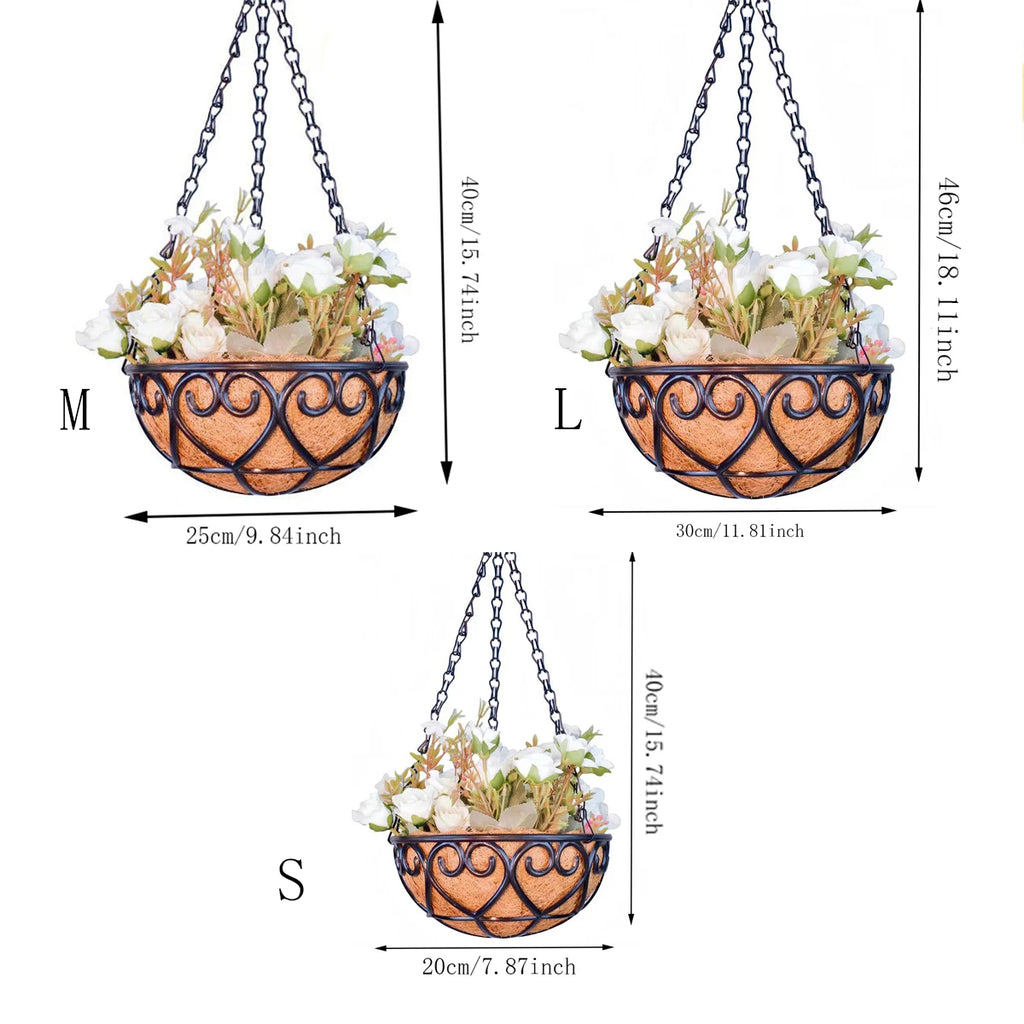 Coconut Brown Round Iron Chain Hanging Basket Flowerpot