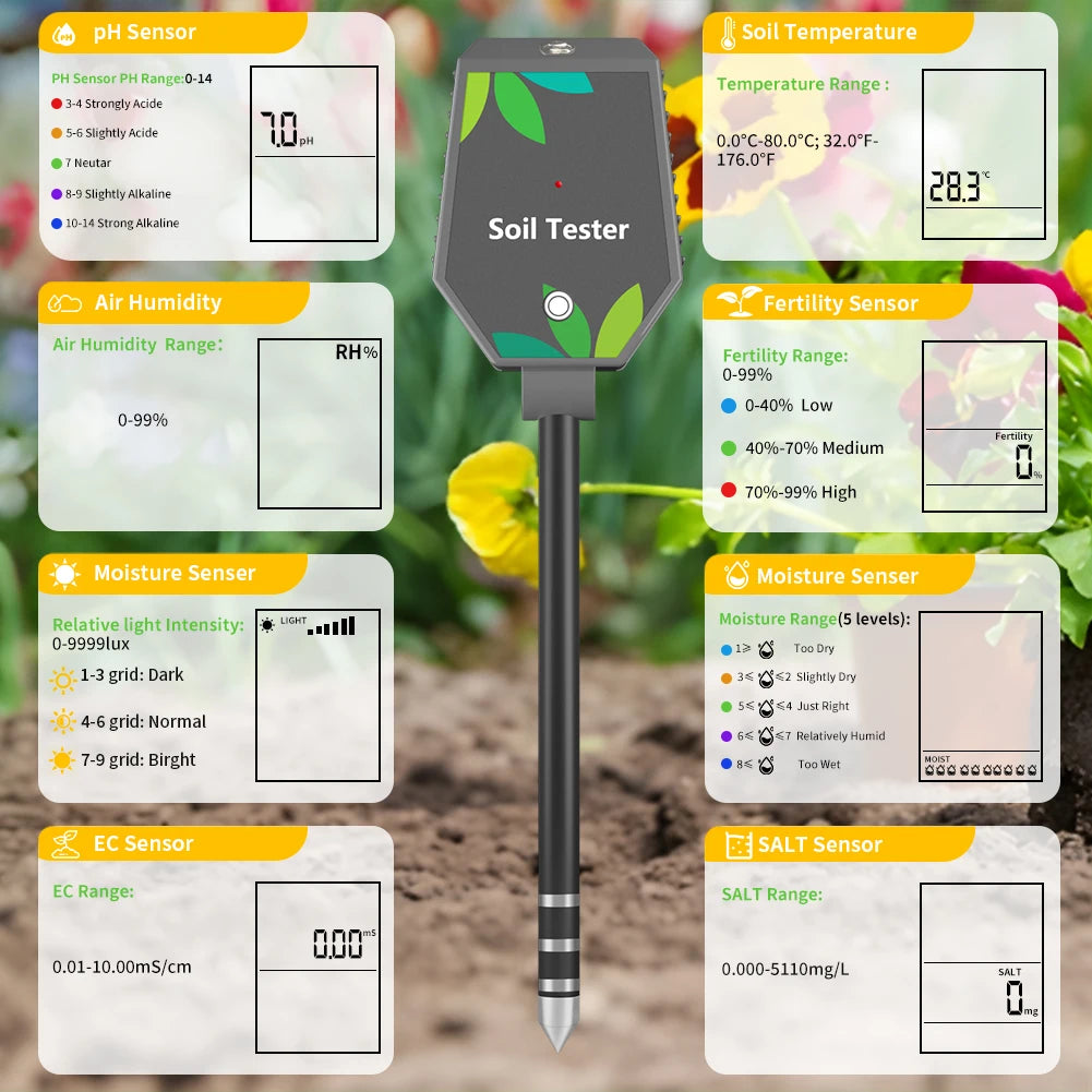 6-in-1 Multifunction Soil Meter Digital PH Tester Ec/light/moisture…