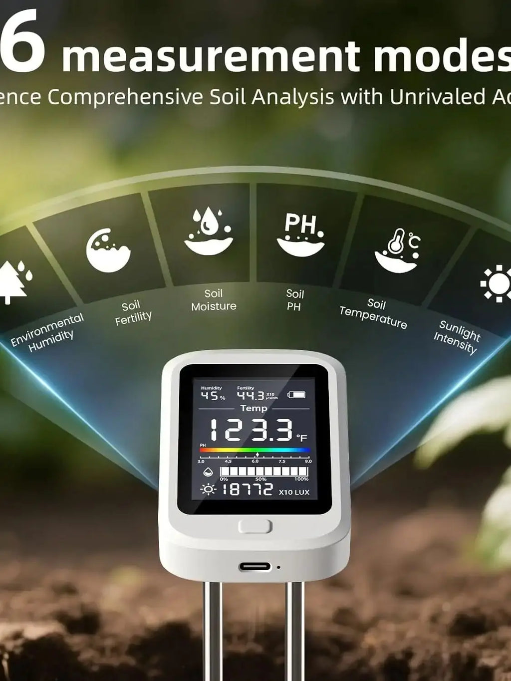 6-in-1 Soil PH Tester Double Needle Ambient Humidity