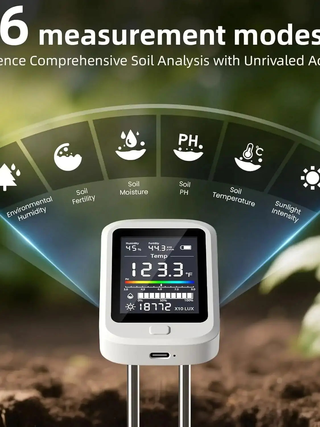6-in-1 Soil PH Tester Double Needle Ambient Humidity