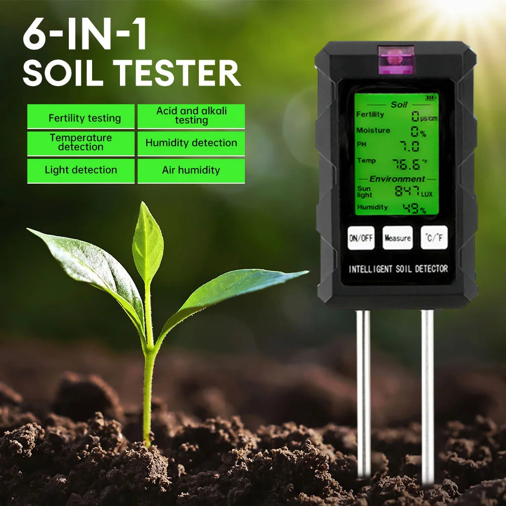 6-in-1 LCD Soil Tester PH Moisture Temperature Humidity