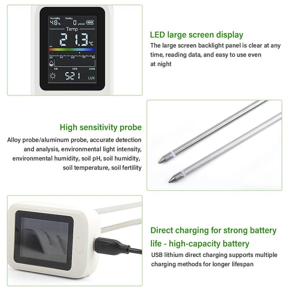 YIERYI 6-in-1 Rechargeable Soil PH Tester Moisture/fertility/sunlig…