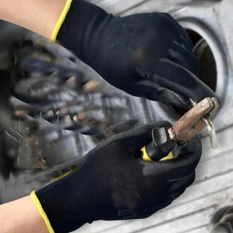Black Nylon PU Coated Gloves Breathable Non