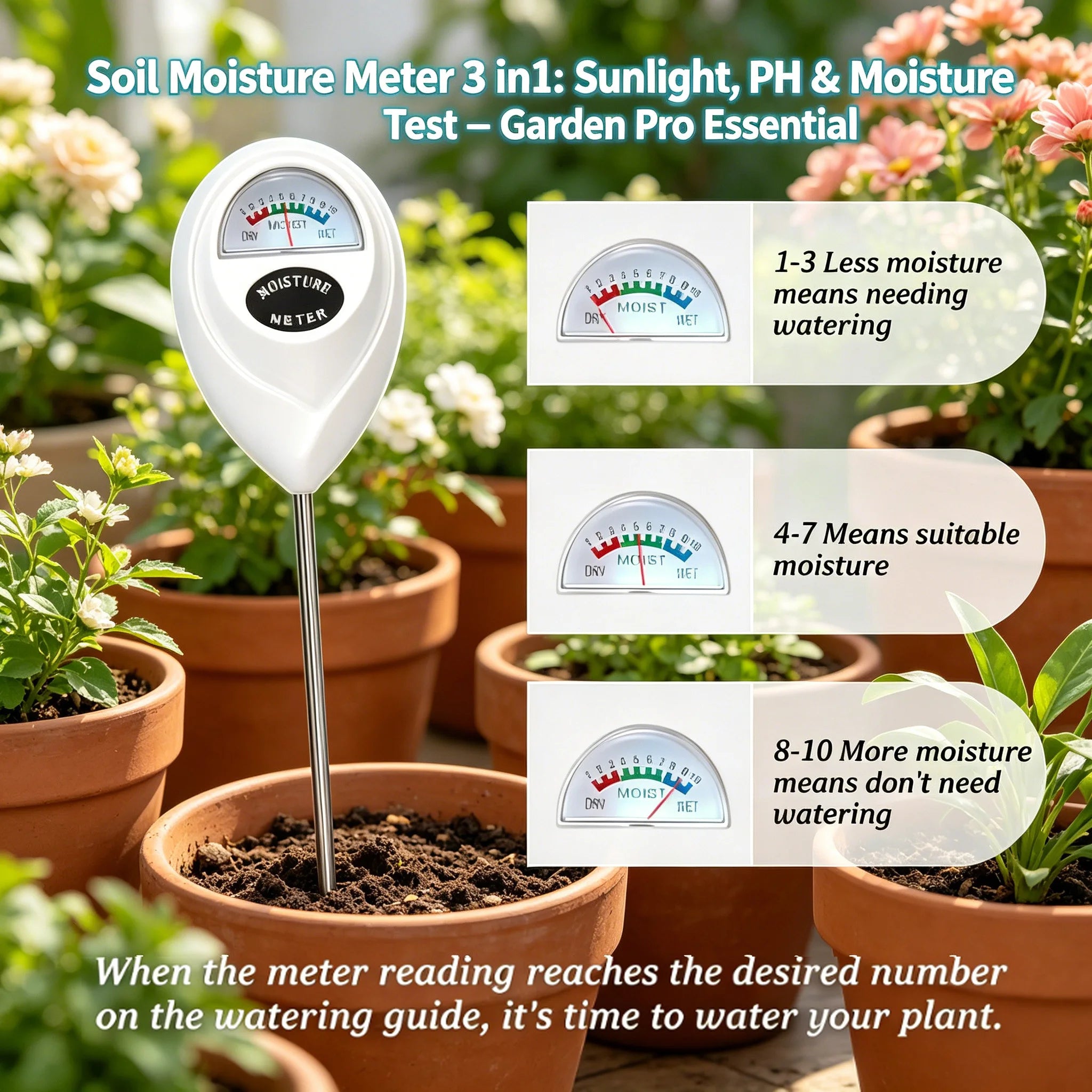 3-in-1 Soil Moisture Meter – No Battery Sunlight