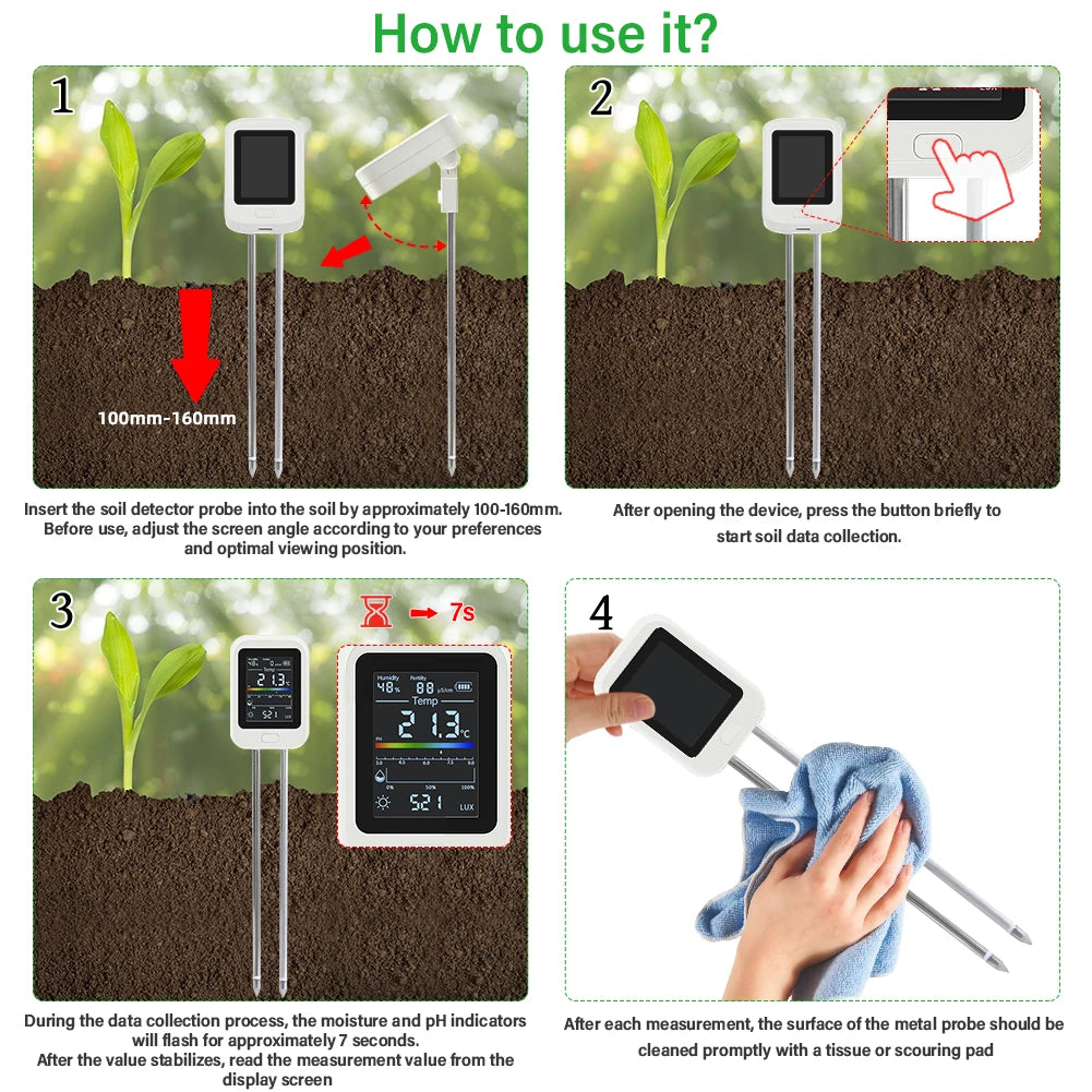 YIERYI 6-in-1 Rechargeable Soil PH Tester Moisture/fertility/sunlig…