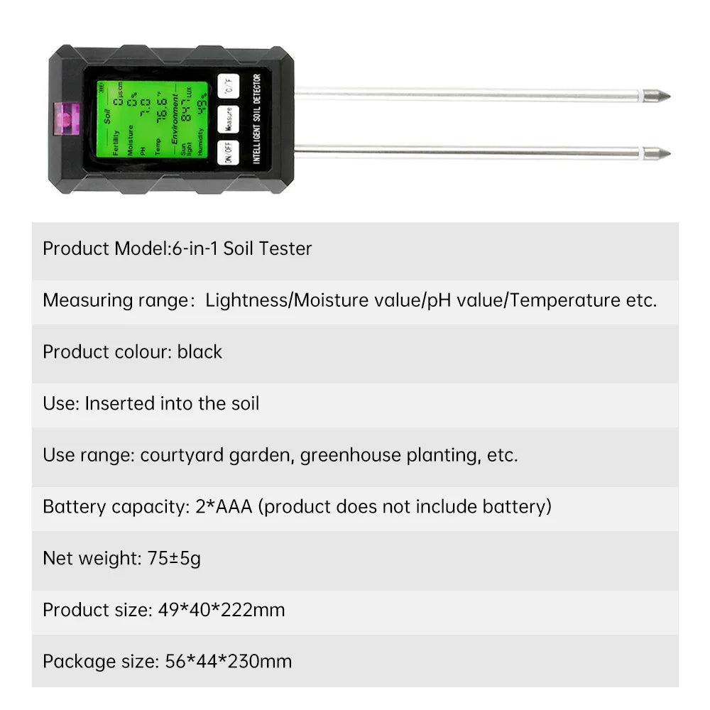 6-in-1 LCD Soil Tester PH Moisture Temperature Humidity