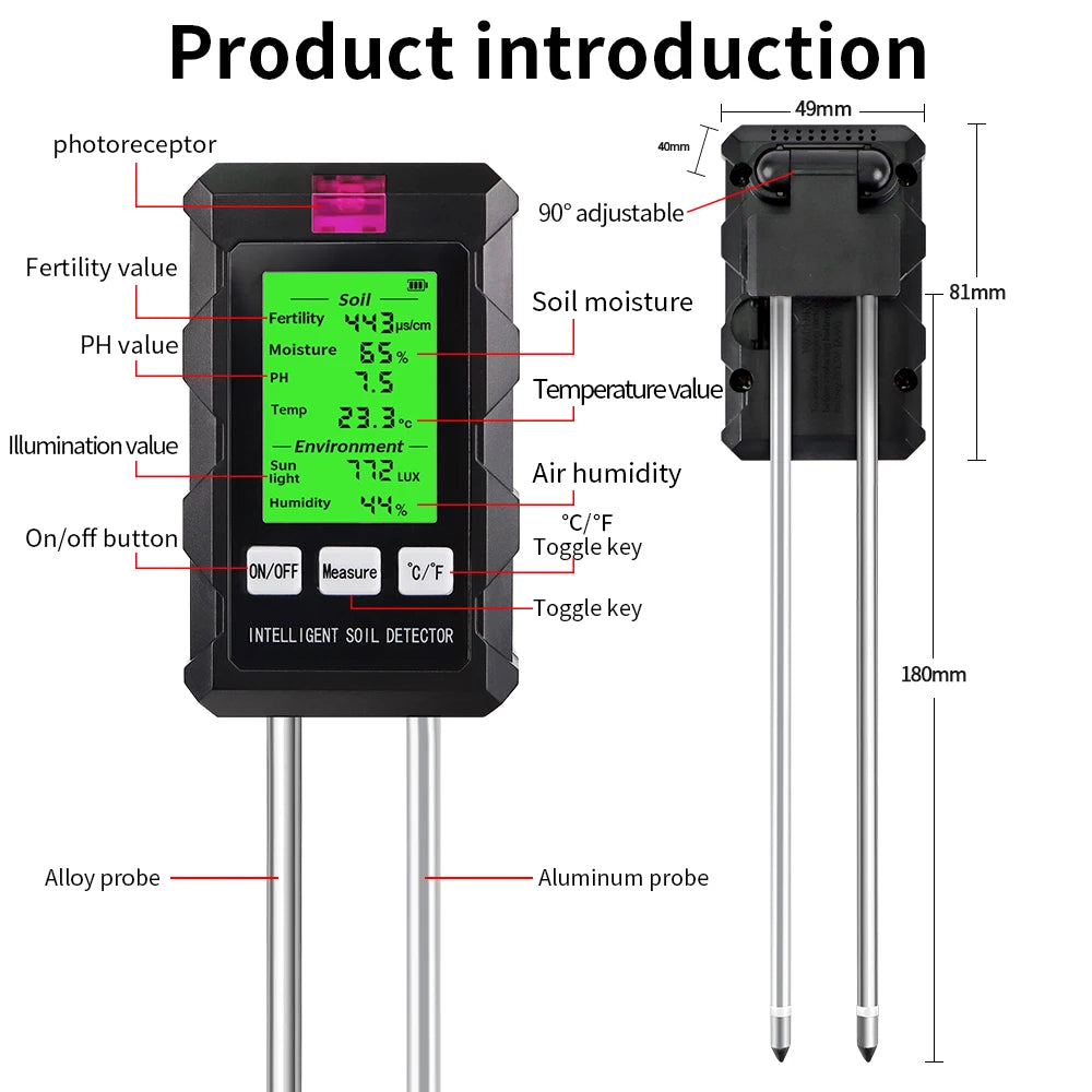 6-in-1 Soil PH Meter Sunlight Ambient Humidity Temp