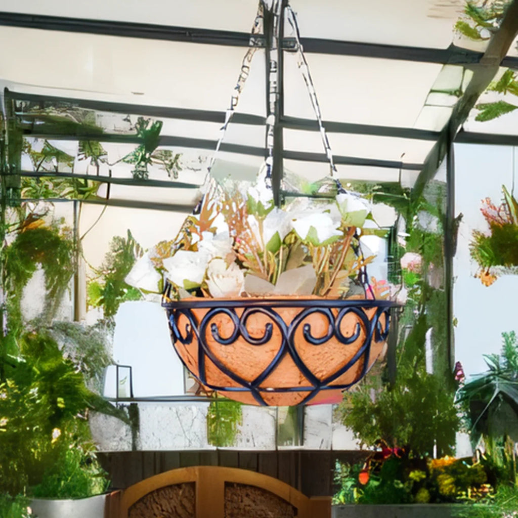 Coconut Brown Round Iron Chain Hanging Basket Flowerpot