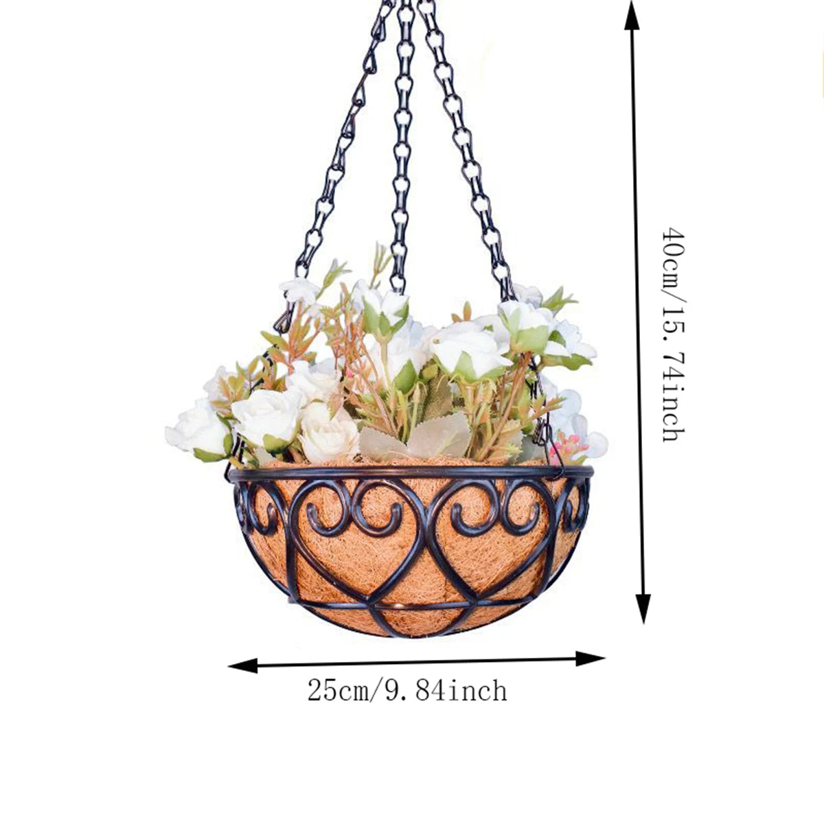 Coconut Brown Round Iron Chain Hanging Basket Flowerpot